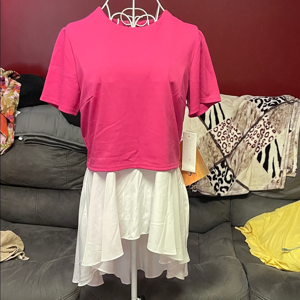 Pink Cropped Top with White Layered button on